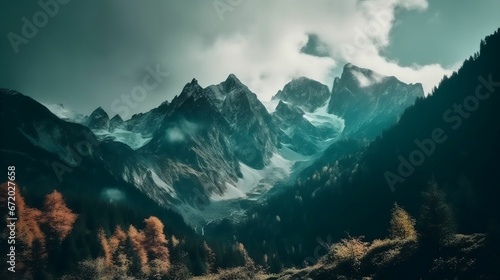 AI generated illustration of a mountain range with tall trees on a foggy day
