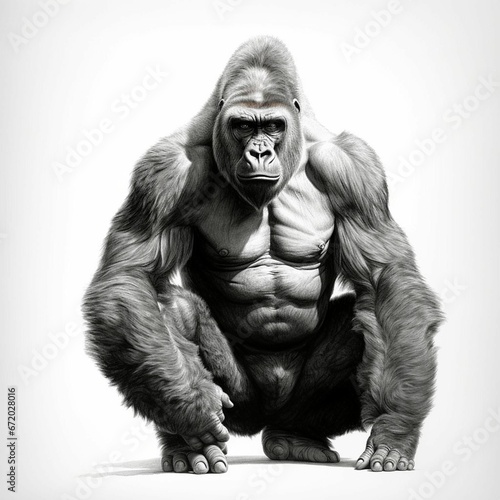 AI generated illustration of an adult gorilla with his hands on the ground on the white background
