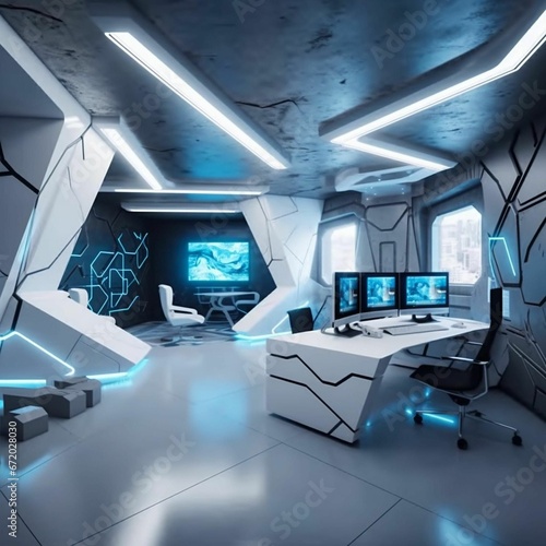 AI generated illustration of a modern and stylish office with a white wall and multiple monitors