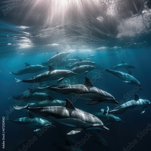 AI generated illustration of a group of dolphins swimming in the crystal clear, blue ocean © Wirestock