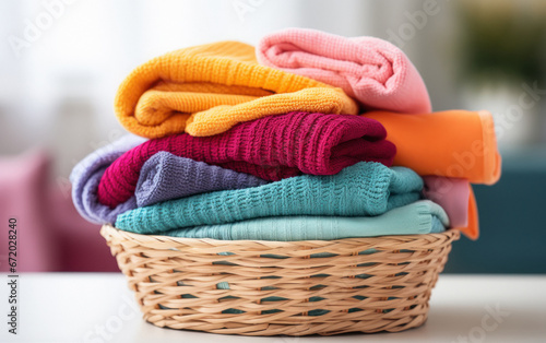 Stack of different cloths in wooden basket