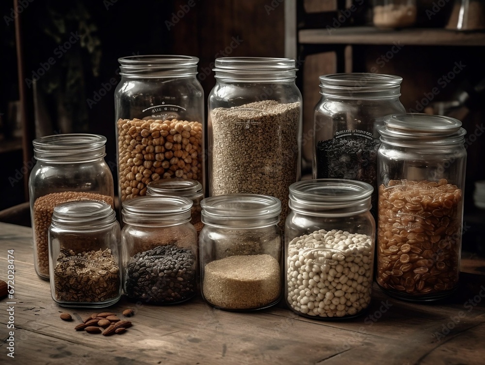 AI generated illustration of an array of various minimalist glass jars filled with crushed seeds AI generated illustration of an array of various minimalist glass jars filled with crushed seeds