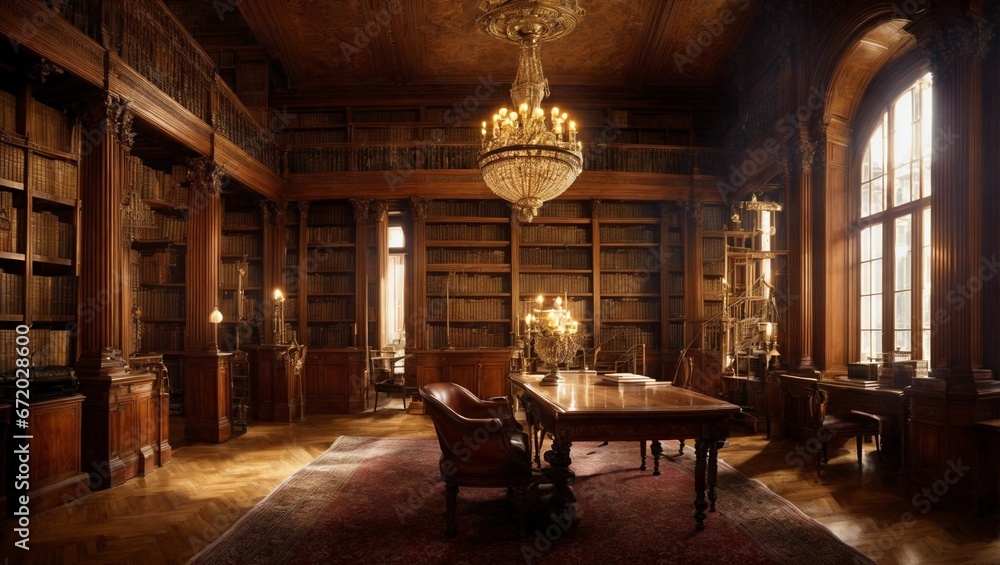 Fototapeta premium Opulent library with wooden bookshelves, and an antique chandelier, AI-generated.
