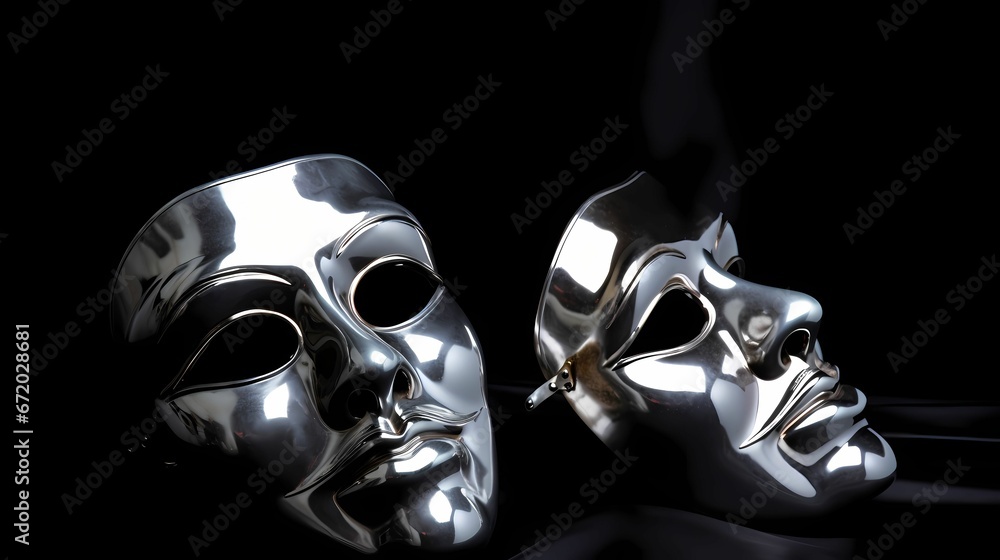 AI generated illustration of two silver masks, against a black background