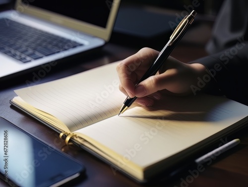 Hand holding a pen and writing in a blank notepad on a wooden table AI