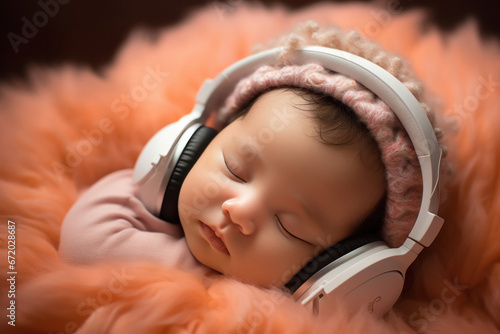 Cute baby wearing headphone while sleeping