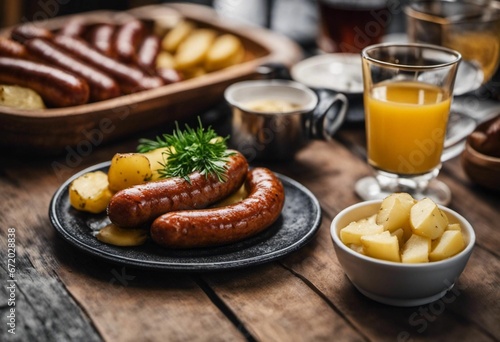 sausages and potatoes on the table with a juice glass