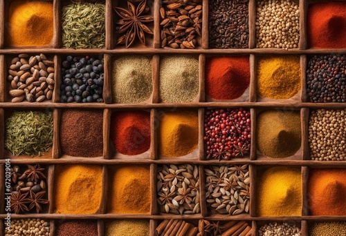 Top view of a variety of spices and seeds arranged in a row of small wooden trays, Ai-generated.
