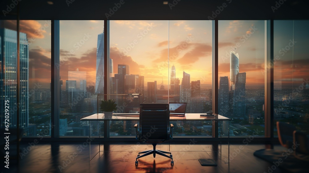 Office overlooking a large city bustling with life, AI-generated.