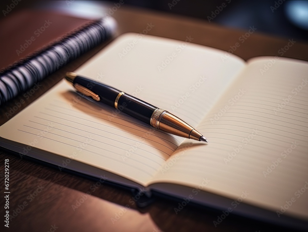 Notepad and pen on wooden desk AI Notepad and pen on wooden desk AI