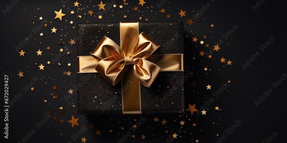 New Year banner with Christmas, Top view photo of black gift box with gold ribbon bow tag and golden decorations on black background, generative ai New Year banner with Christmas, Top view photo of black gift box with gold ribbon bow tag and golden decorations on black background, generative ai