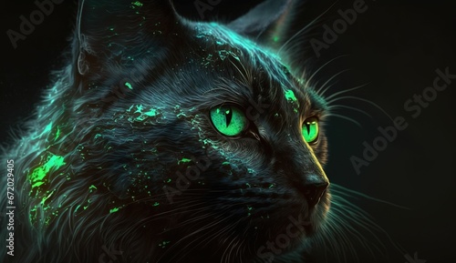 AI generated illustration of a glowing green black fantasy cat
