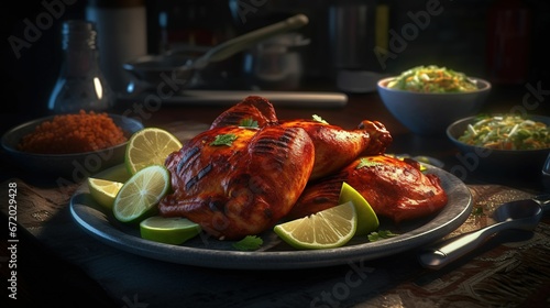 Digital AI Generated Illustration of a Delicious Indian Tandoori Chicken on the Plate
