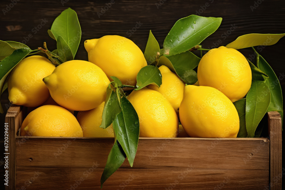 wooden box filled with fresh yellow lemon.