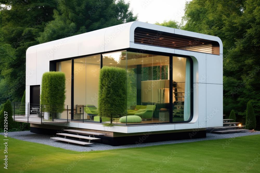 The outer appearance of a tiny container house, with grass lawn