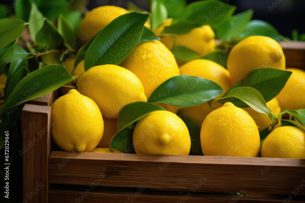 wooden box filled with fresh yellow lemon.