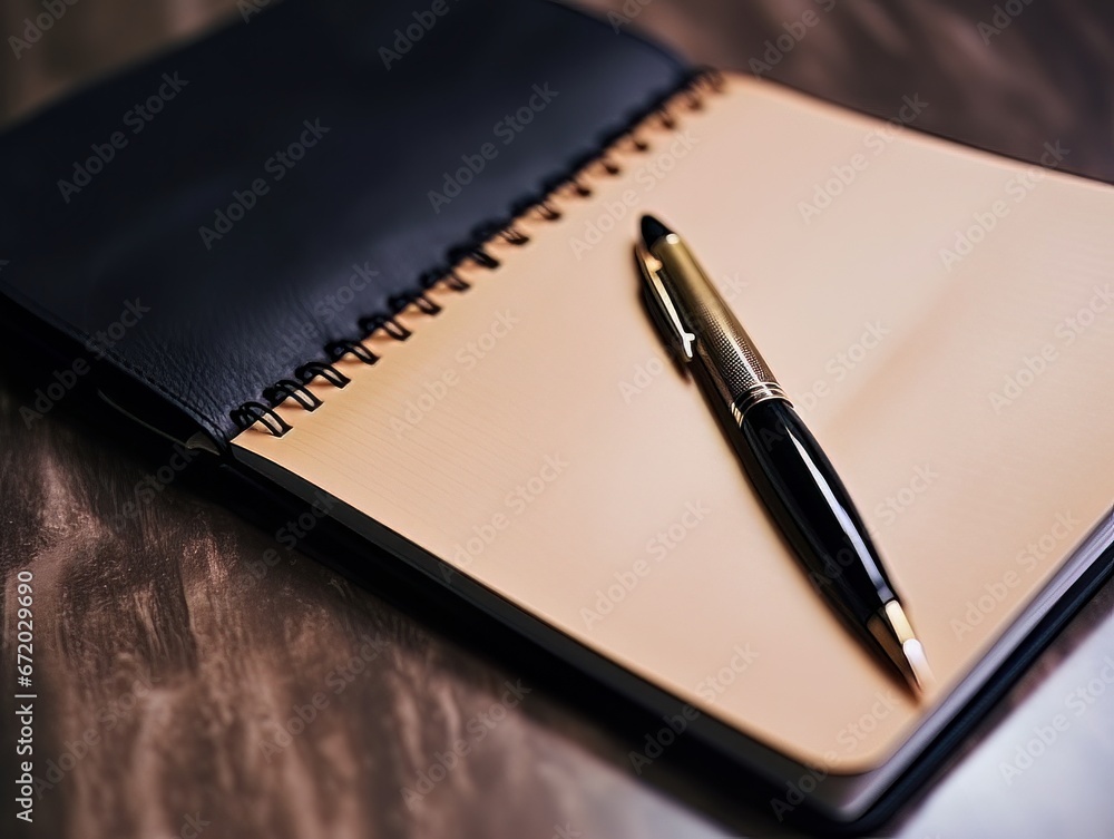 Notepad and pen on wooden desk AI Notepad and pen on wooden desk AI