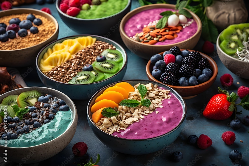 AI generated illustration of a healthy breakfast of smoothie bowls filled with fresh fruits AI generated illustration of a healthy breakfast of smoothie bowls filled with fresh fruits