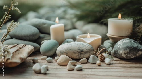 AI generated illustration of stones and lit candles on a wooden table