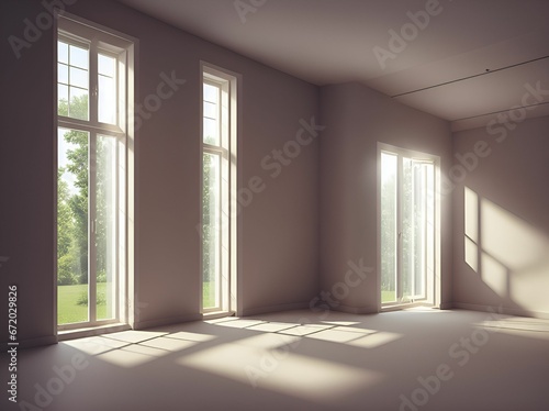 AI generated illustration of an empty living room with large windows