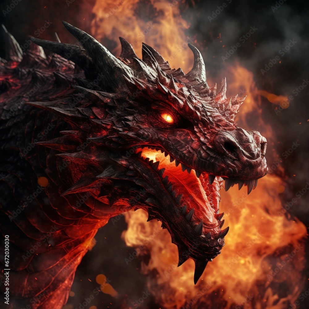 AI generated illustration of a majestic dragon with red eyes and a fierce expression AI generated illustration of a majestic dragon with red eyes and a fierce expression