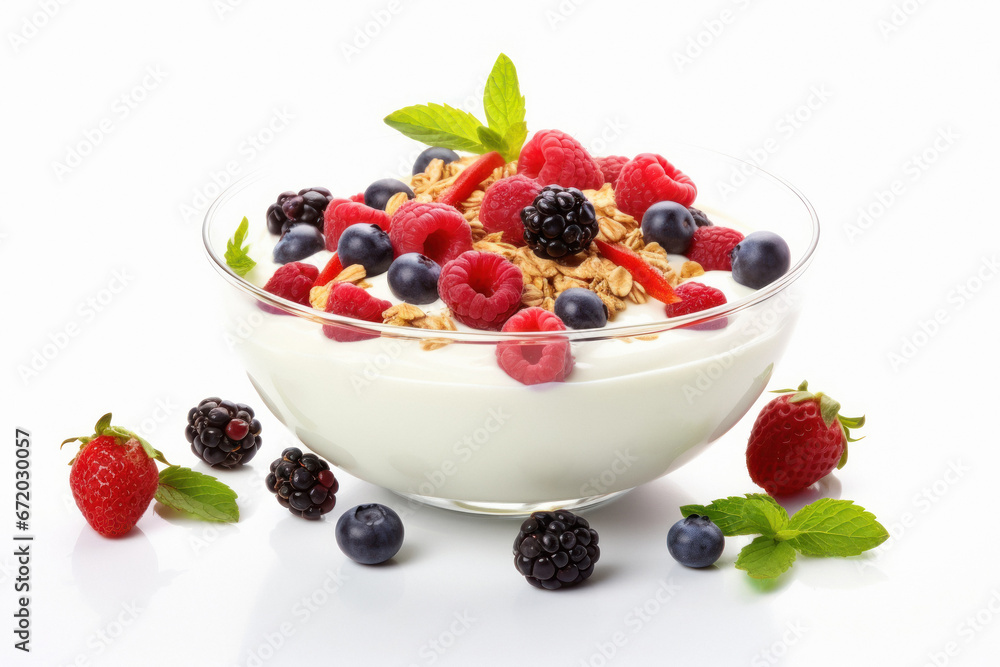 Full glass bowl of yogurt, red berry and oats on white background. Full glass bowl of yogurt, red berry and oats on white background.