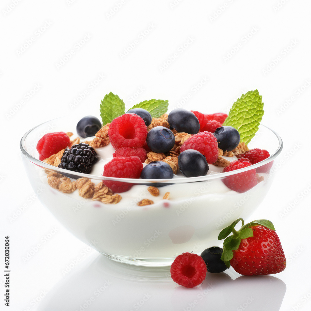 Full glass bowl of yogurt, red berry and oats on white background. Full glass bowl of yogurt, red berry and oats on white background.