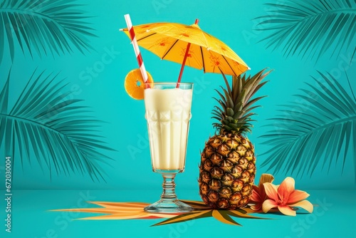 Tropical drink with a pineapple isolated on a turquoise backdrop with palm leaves. AI-generated.