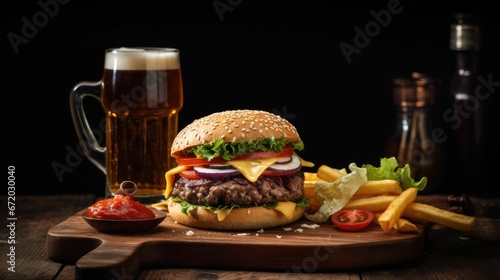 Hamburger with fries and a beer, AI generated