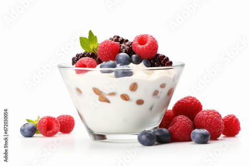 Full glass bowl of yogurt, red berry and oats on white background.
