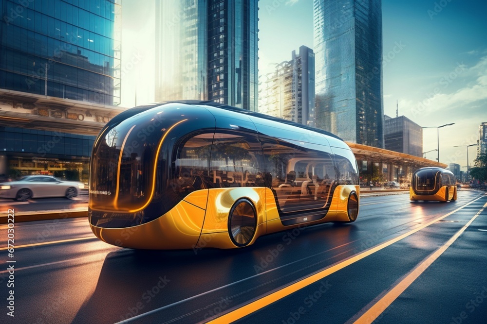 Futuristic city with autonomous mass transit electric vehicles. AI-generated. - obrazy, fototapety, plakaty 