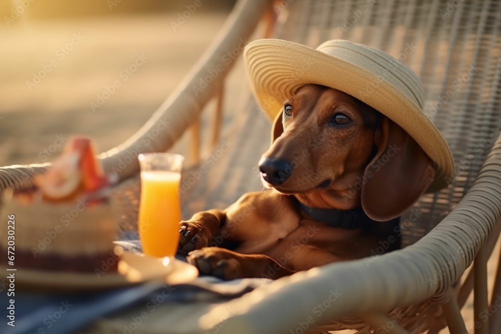 adorable dachshund dog taking a break, perched atop a chair while enjoying a sunny day at the beach