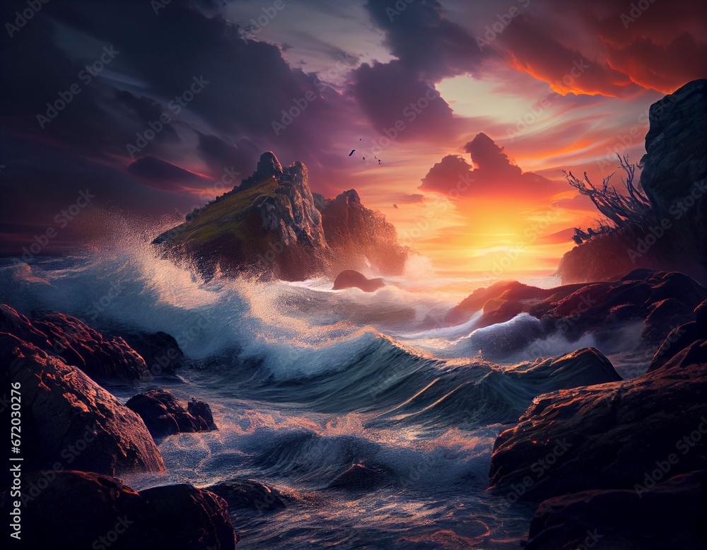 AI generated illustration of a beautiful coastal scene with the waves crashing against the rocks