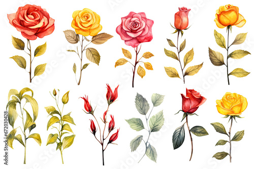 water colored rose flowers on isolated transparent background