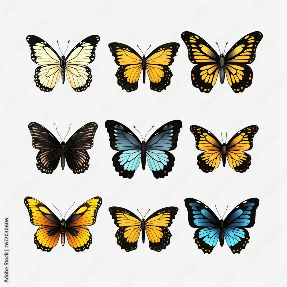AI generated illustration of a set of cartoon colorful butterflies on a white background AI generated illustration of a set of cartoon colorful butterflies on a white background