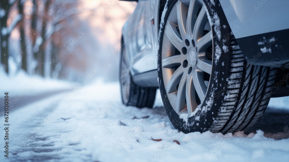 Close up of car tires in winter on the road covered with snow Close up of car tires in winter on the road covered with snow