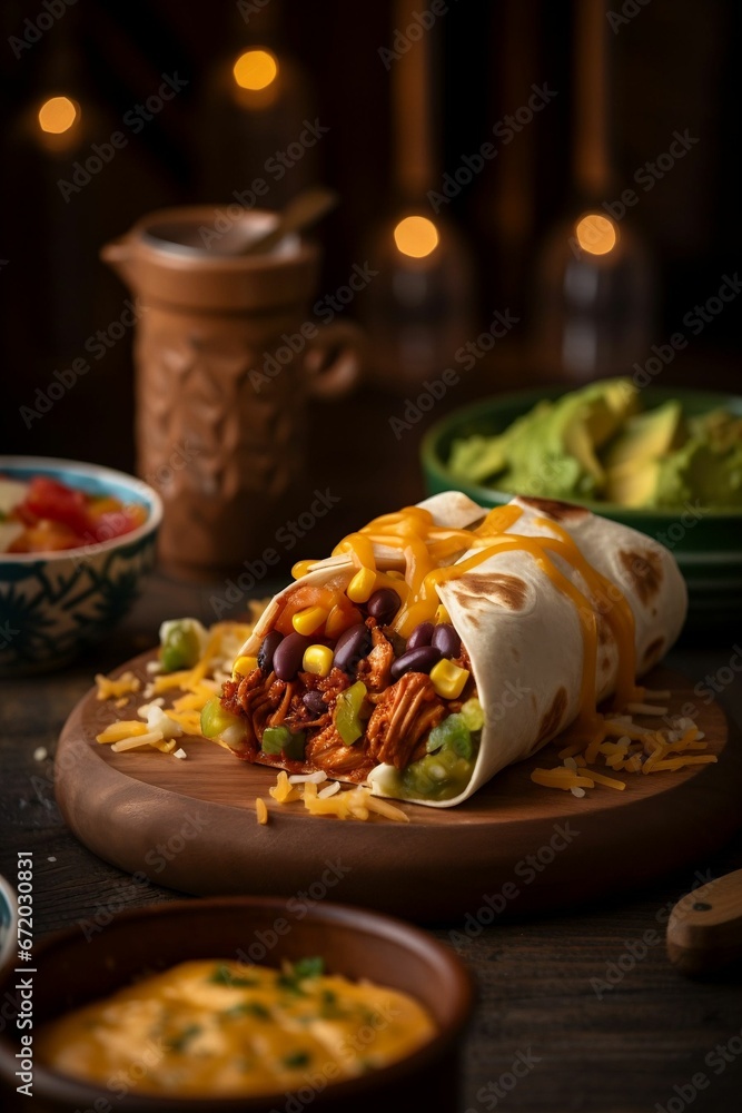 AI generated illustration of a delicious Mexican burrito served on a wooden plate