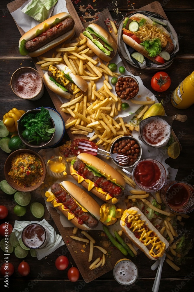 A flat lay composition featuring French fries, soft drinks, sauces, and hot dogs on a wooden table