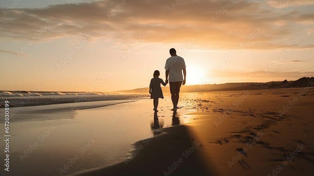 AI-generated illustration of A father and daughter walking in the sand along the beach