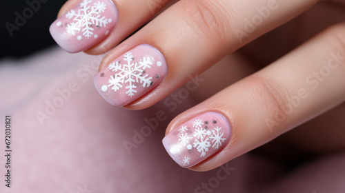 Christmas winter manicure with snowflakes. Nail Art for New Year's Celebration. Aspect ratio 16:9