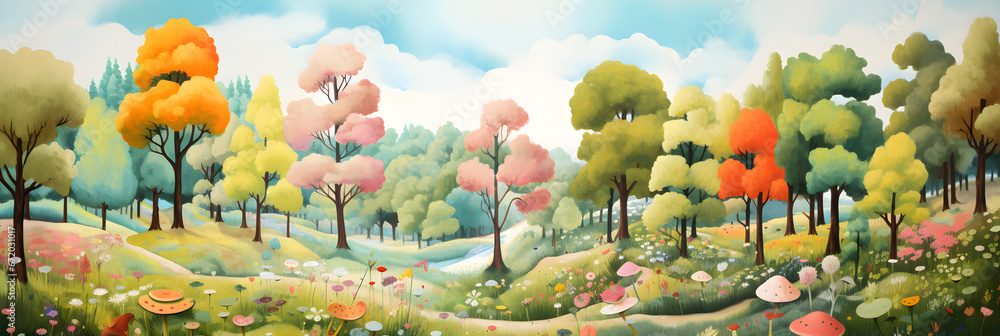 colourful simple cute painting of the woodland landscape, a picturesque forest environment in bright colours