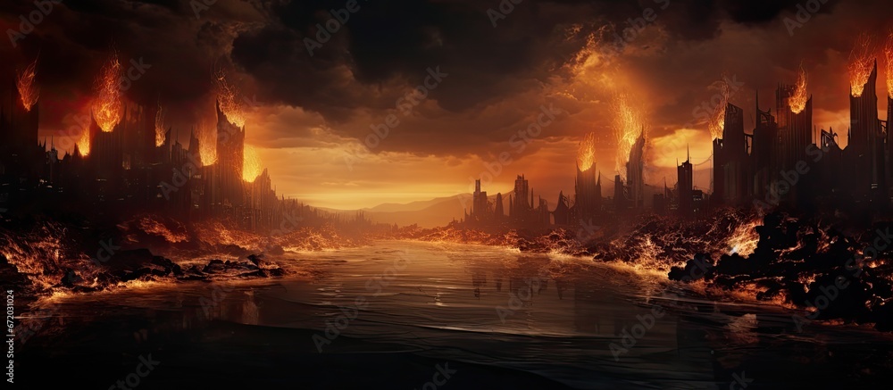 Artistic alteration of a photograph that depicts an abstractly envision burnt city during an apocalyptic event Artistic alteration of a photograph that depicts an abstractly envision burnt city during an apocalyptic event