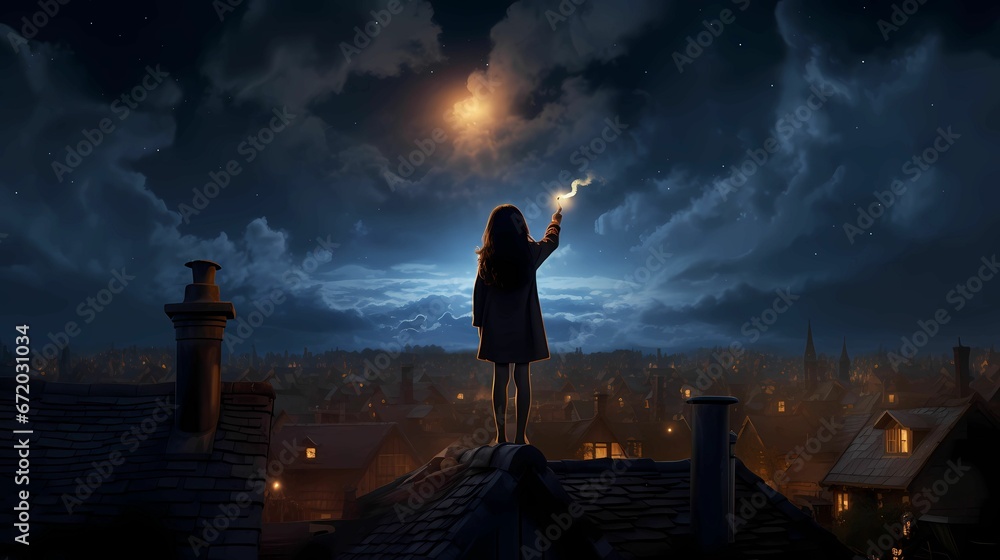 the girl is holding a lantern on top of a roof