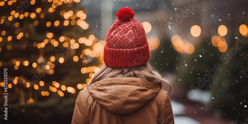 Rear view of a woman wears red Santa hat walking in Christmas market decorated with holiday lights in the evening. Feeling happy in big city, generative ai