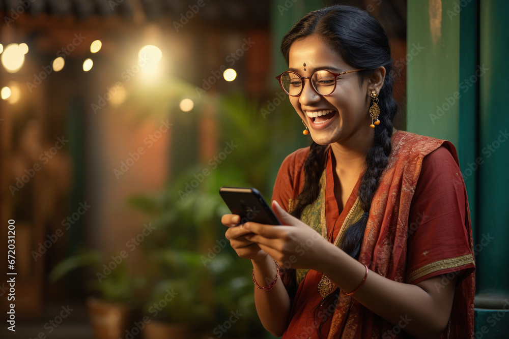 Indian woman giving happy expression while using smartphone