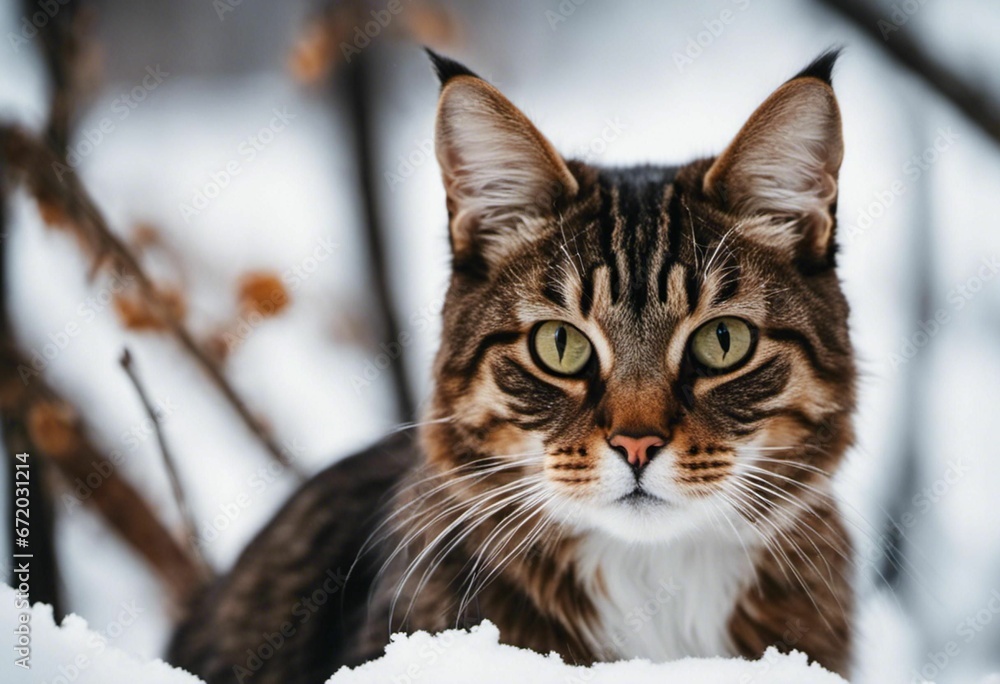 Tabby cat in a field of snow, gazing intently with its yellow eyes, AI-generated.