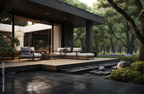  a patio with a wooden porch and trees © Kien