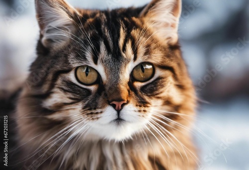 Tabby cat in a field of snow, gazing intently with its yellow eyes, AI-generated. © Wirestock