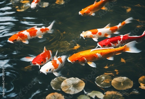 AI generated illustration of vibrant orange koi fish swimming in a pond surrounded by water lilies