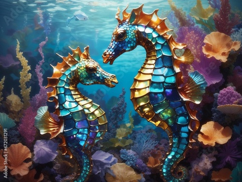 AI-generated illustration of a couple of sea horses in a natural marine environment